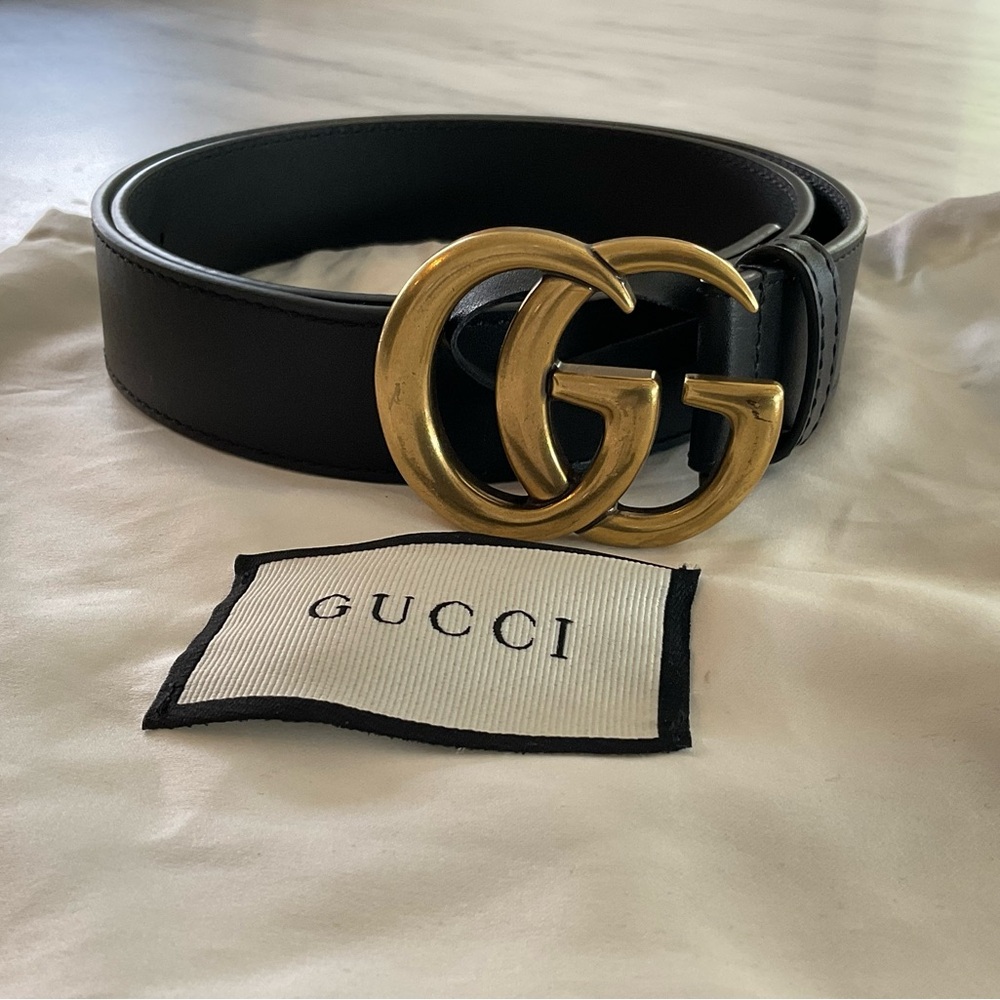 Gucci Black Leather Belt with Gold GG Emblem 1.2” width